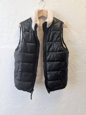 Rebecca Minkoff Reversible Faux Leather Sherpa Puffer Vest Black Ivory Size L